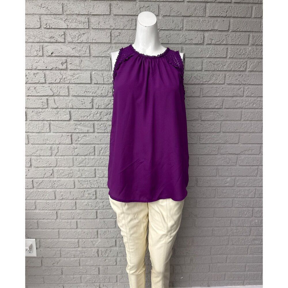Worthington Women Purple Sleeveless Ruffle Mesh Detail Blouse Size M